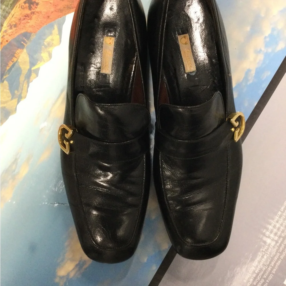 Gucci Black Leather Loafers with Gold G Buckle